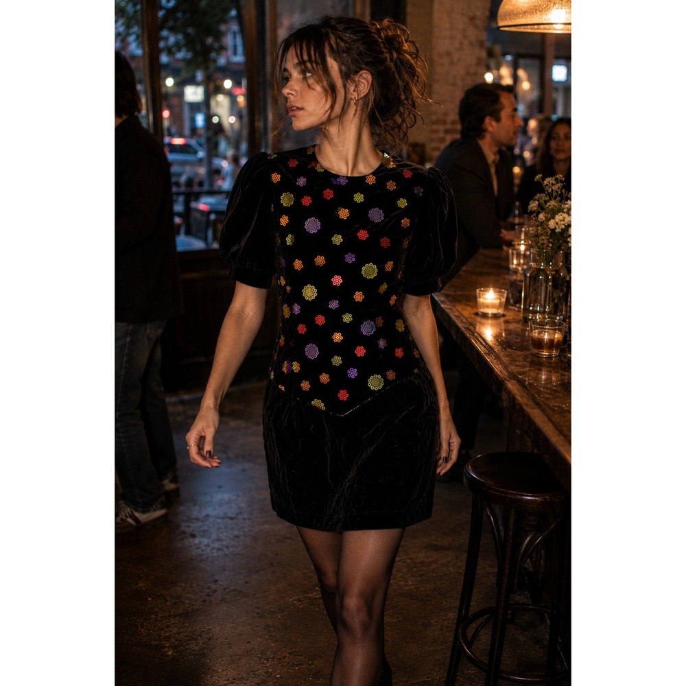 Vintage 80s Jessica McClintock Black Velvet Sequin Puff Sleeve Mini Dress 12